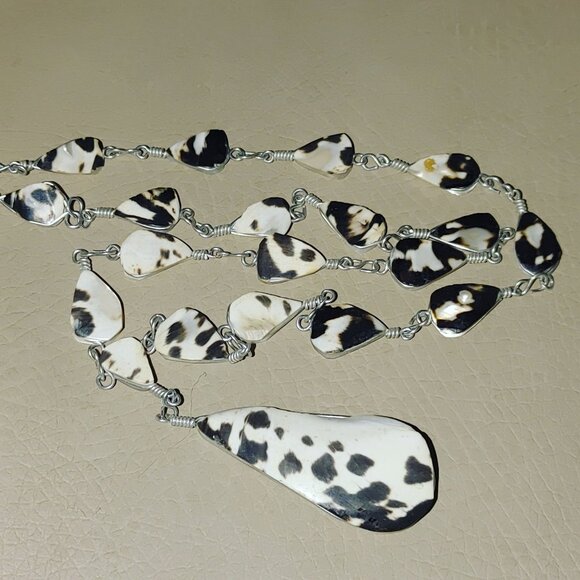 Dalmatian Mother of Pearl Necklace Wire Wrapped Teardrop Pendant 24 Inch Silver - Picture 6 of 12